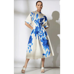 Natori Andora Printed Cotton Poplin Pleated Dress - Size 12